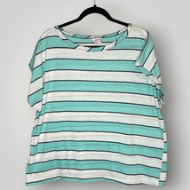Vintage Allana 1990s Plus Sized Striped Teal White Short Sleeved Top 2x G - £18.95 GBP