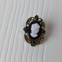 Vintage Gold Tone White Cameo Over Black Victorian Style Brooch Pin rhin... - $9.89