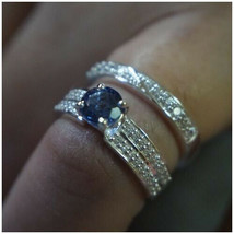 1.5ct Blue Sapphire Diamond Wedding Bridal Ring Set Band 14k White Gold Over - £82.22 GBP