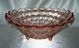 Vintage JEANETTE Pink Depression Glass 3-Footed Cubist Pattern Bowl (10&quot; dia.) - £23.04 GBP