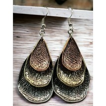 Vintage Teardrop Earrings Layered 3 Tier Metal Tones Retro Textured - £13.53 GBP