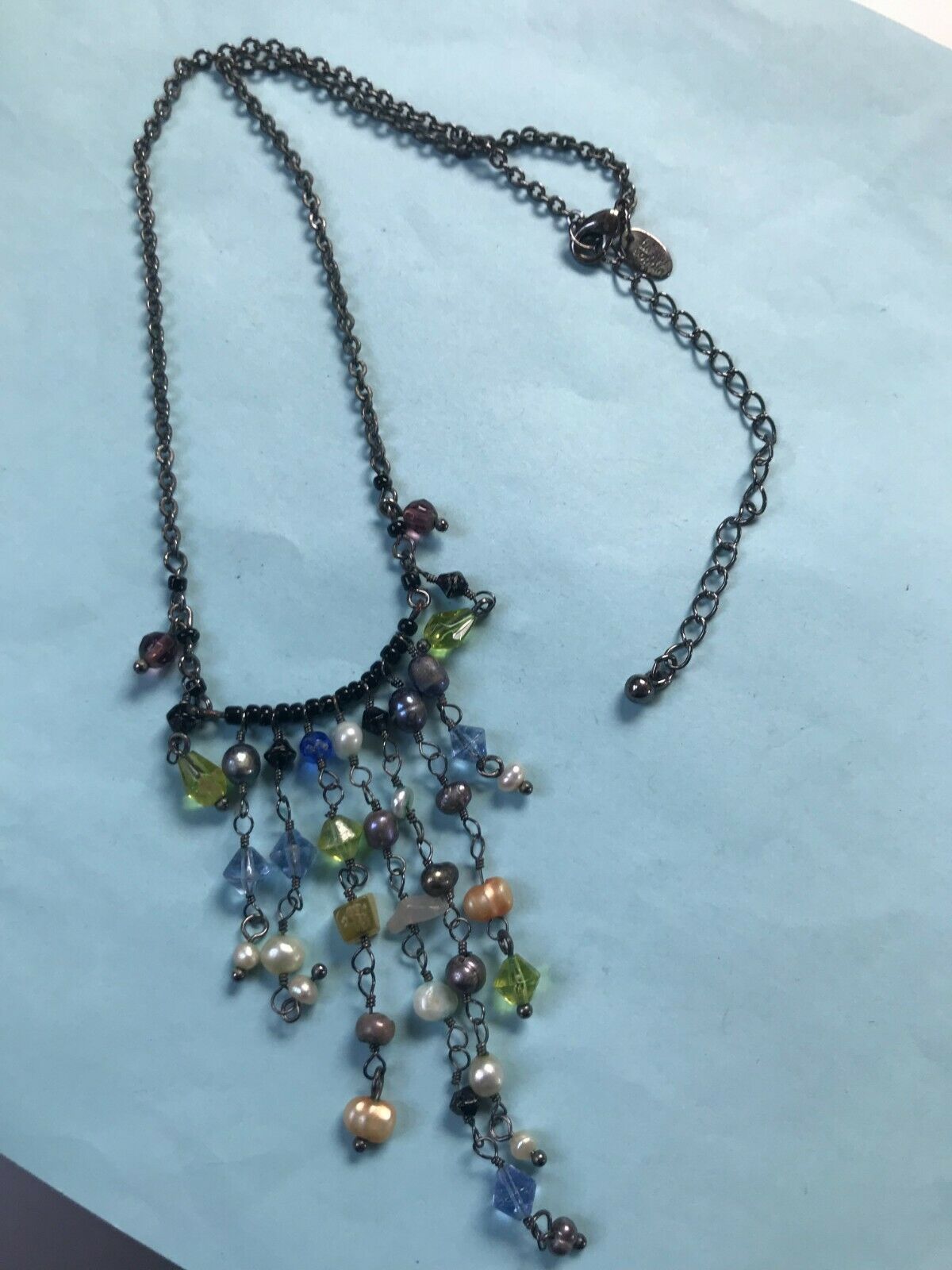 Estate Lia Sophia Oxidized Silvertone Chain w Tiny Plastic Bead Fringe Pendant  - $11.29