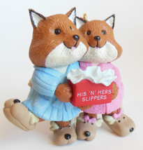 Hallmark Christmas Ornament Mom Dad Fox Hugging with His Hers Slippers o... - $7.95