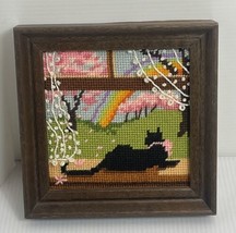 Vintage Beautiful Black Cat Kitten In Window Needlepoint 6.25” To Frame ... - $23.36
