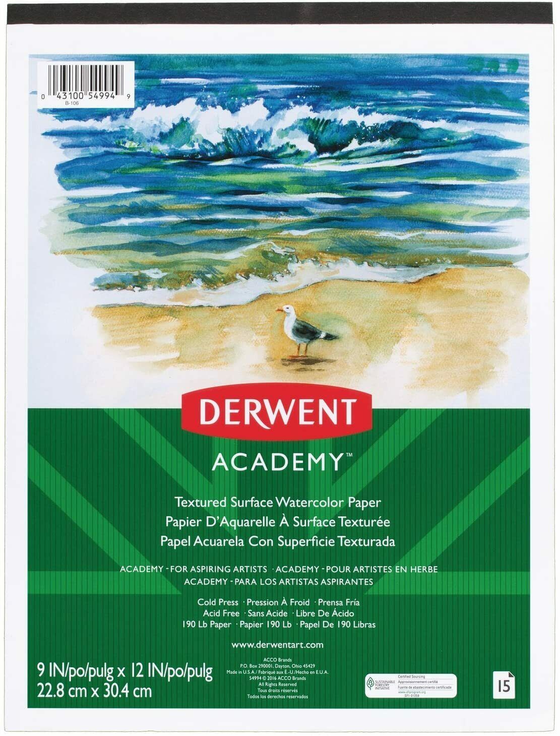 Derwent Academy Textured Surface Watercolor Paper Pad 15 Sheets 9" x 12" (54994) - $10.99