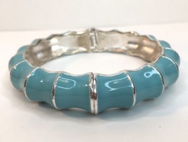 Premier Designs Wavy Aqua Blue Enamel Bamboo Silver Tone Hinged Bangle Bracelet - £10.29 GBP