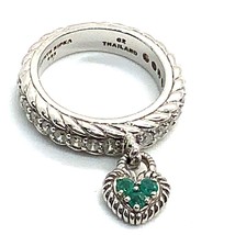 Vtg Sterling 925 Silver Judith Ripka CZ Green Heart Charm Dangle Ring Sz 5.25 - £59.52 GBP