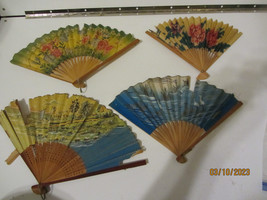 4 VINTAGE CHINESE PAPER FLORAL DESIGN PERSONAL FAN WOOD HANDLES - £8.03 GBP