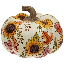 Carved Resin Sunflower And Autumn Leaves 8&quot; Pumpkin In Cream - £44.93 GBP