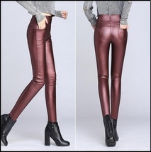 Red Wine Stretch Faux Leather High Waisted Button Up Skinny Pencil Trousers  image 2