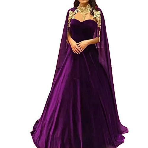 Long Velvet A Line Formal Prom Evening Dresses with Gold Lace Cape Purple US 6