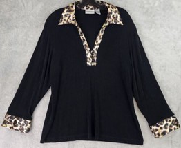 Chicos Travelers Shirt Womens Size 3 Black Leopard Print Stretch Knit Blouse - £26.37 GBP