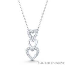 3-Heart Charm CZ Crystal Pave Solid 925 Sterling Silver Pendant &amp; Chain Necklace - £24.79 GBP