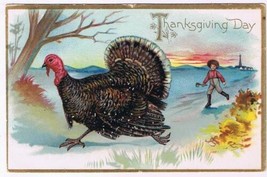 Holiday Postcard Embossed Thanksgiving Chasing Turkey With Axe Tuck 123 - £2.32 GBP