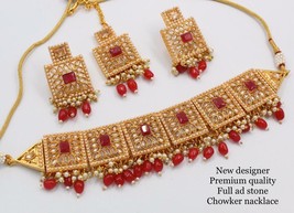 Bollywood Gold Plated Jewelry Indian CZ Kundan Choker Bridal Necklace Red Set - £22.50 GBP