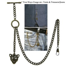 Albert Pocket Watch Chain Bronze Leopard Head Fob for Vests &amp; Jeans T Bar ACT25 - £9.19 GBP+