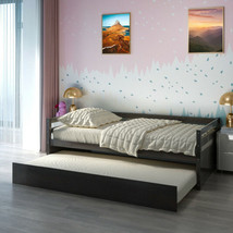 Twin Size Trundle Platform Bed Frame with Wooden Slat Support Dark Brown Bedroom - £216.32 GBP