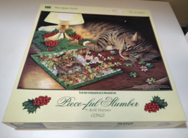 Piece-ful Slumber SunsOut 500 Piece Christmas Cat Puzzle by Avril Haynes "Green" - $9.75