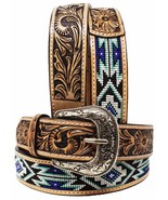 Western Antique Floral Tooled Beaded Full-Grain Leather Belt 26FK61 - $1,253.57 MXN