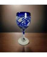 Blown Glass Wine Water Cocktail Goblet Blue Cobalt Swirl Clear Base - $15.90