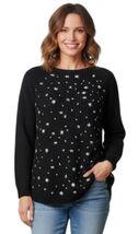Style &amp; Co Black White Embroidery Star Petite Whimsy Pullover Sweater (M... - $19.79