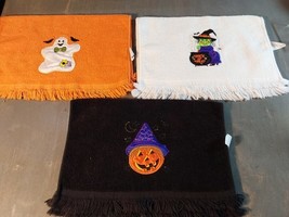 Halloween Hand Towel Applique Embroidered Fringe Pumpkin Ghost Witch 11.... - $17.63