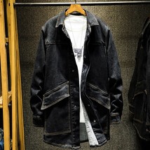 Autumn and Winter Men&#39;s Jacket Fashion Mid-length Print Black Denim Coat Lapel L - £130.31 GBP