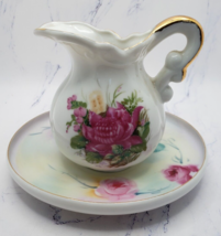 Vintage Lefton China Painted  Floral Pink Rose Pitcher and Saucer - $19.79