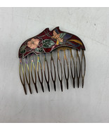 Vintage Cloisonne Enamel Hair Comb Floral Butterfly Gold Tone Red Peachy... - $14.00