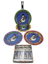 Vintage Sango The Sweet Shoppe Christmas Holiday Snowman Dessert Plates Knives 4 - £38.21 GBP