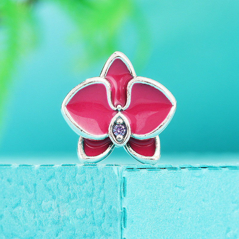 Primary image for 925 Sterling Silver Orchid, Radiant Orchid Enamel & Purple CZ Charm Bead