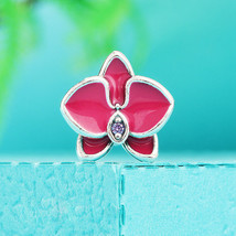 925 Sterling Silver Orchid, Radiant Orchid Enamel & Purple CZ Charm Bead - $15.66