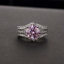 Luxurious Round Pink Created Diamond Three Rows Bridal Ring 925 Sterling Silver - £117.56 GBP