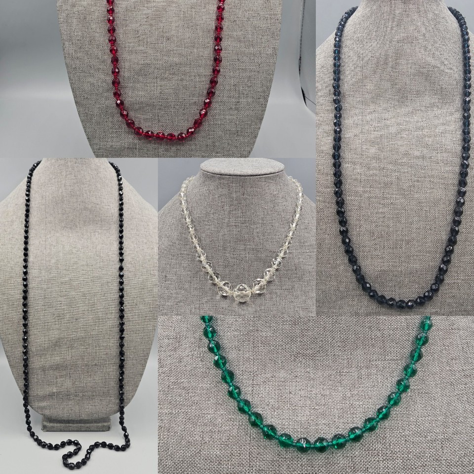 Lot Vintage Glass Bead Necklace (5) Red Black Green Clear Blue Costume E... - $49.99