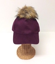 NEW Women Girls Plum Wool Blend With Faux Fur POM Baseball Cap Hat Adjustable - £5.72 GBP