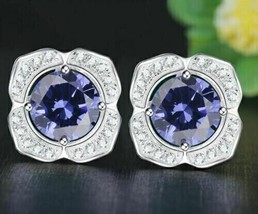 4Ct Round Cut Simulated Blue Sapphire Flower Stud Earrings14K White Gold Plated - £125.39 GBP