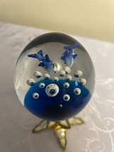 Paperweight Clear Art Glass Ball  Controlled Bubbles Blue Dolphins Ocean - £15.67 GBP