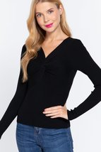 Black Long Sleeve V Neck Front Knotted Sweater Top_ - £11.85 GBP