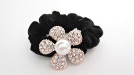 Flower shaped hair tie pony tail holder scrunchie with crystals and pearl - £7.15 GBP