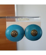 Artistic Button Earrings Clip On Turquoise Wood Brass Painted Vintage Ha... - £11.59 GBP