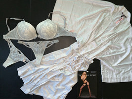 Victoria&#39;s Secret 32DDD BRA SET thong+ROBE KIMONO Silver Gray foil fishnet lace - £111.05 GBP