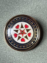 Vintage Blue w Red Enamel Hearts &amp; Goldtone Accents Circle Under Bubble Glass - £10.52 GBP