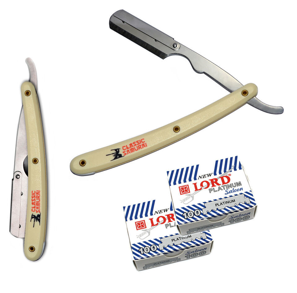 Stainless Steel Cream Straight Edge Barber Razor + 200 Lord Platinum Bla... - $18.27