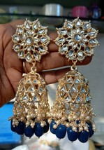 Bollywood Oro Chapado Indio Kundan Grande Jhumka Real Azul Pendientes Joyería De - £29.70 GBP