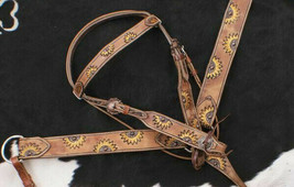 Western Saddle Horse Leather Tack Set w/ Sunflower Design Bridle + Breast Collar - £64.59 GBP