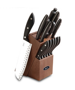 14 Piece Stainless Steel Cutlery Set Black Handles Wooden Block - £45.62 GBP