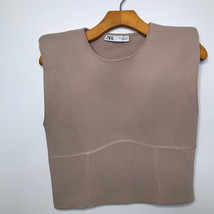 Zara Sweater L Pink Pullover Shoulder Pads Sleeveless Crew Neck Boxy Crop Knit - £24.69 GBP