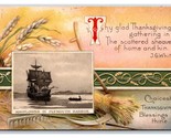 Mayflower in Harbor Thanksgiving Greetings Plymouth MA Embossed DB Postc... - $3.91