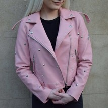 Designer Pink Color Women Genuine Leather Jacket Silver Star Studs Front... - $161.99