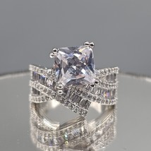 Cubic Zirconia Statement Ring Size 7 Silver Tone Princess Cut Ribbon Wrap - $24.99